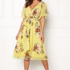 Goddiva Flutter Floral Midi Dress Soft Lemon S (UK10)