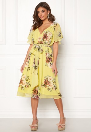 Goddiva Flutter Floral Midi Dress Soft Lemon S (UK10)