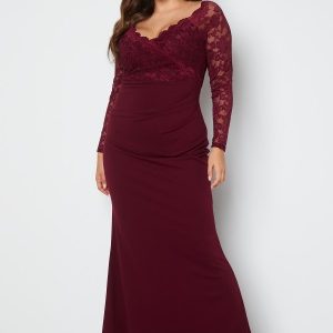 Goddiva Curve Long Sleeve Lace Trim Maxi Dress Dark Wine 54 (UK26)