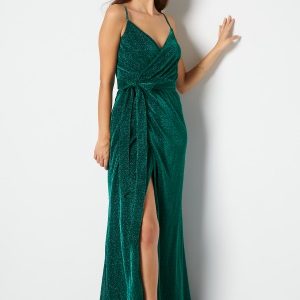 Goddiva Glitter Wrap Front Maxi Dress Emerald XS (UK8)