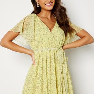 Goddiva Ditsy Flutter Sleeve Maxi Dress Soft Lemon S (UK10)