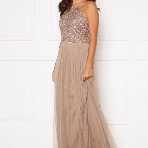 AngelEye High Neck Sequin Maxi Dress Taupe L (UK14)