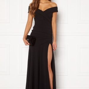 Goddiva Bardot Pleat Maxi Split Dress Black L (UK14)