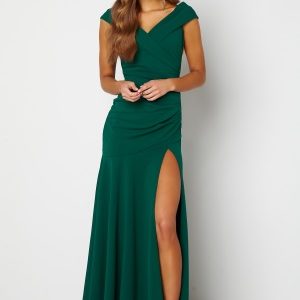 Goddiva Bardot Pleat Maxi Split Dress Emerald XS (UK8)