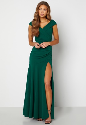 Goddiva Bardot Pleat Maxi Split Dress Emerald XS (UK8)