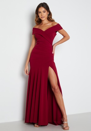 Goddiva Bardot Pleat Maxi Split Dress Wine XS (UK8)