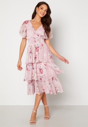 Goddiva Floral Flutter Tiered Midi Dress Blush XS (UK8)