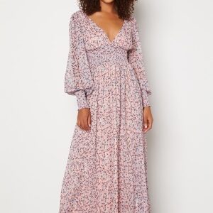 Goddiva Ditsy Long Sleeve Shirred Maxi Dress Blush S (UK10)