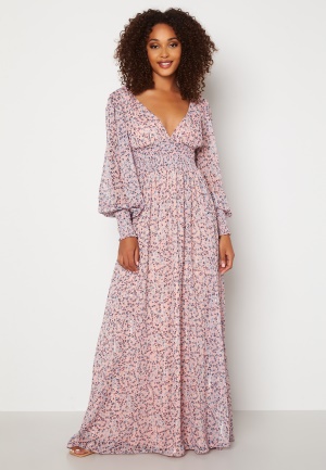 Goddiva Ditsy Long Sleeve Shirred Maxi Dress Blush XXL (UK18)