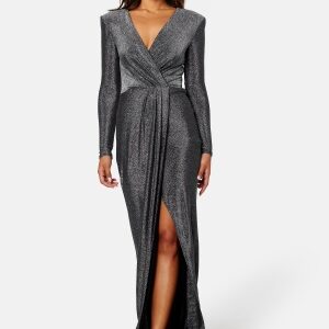 Goddiva Long Sleeve Glitter Maxi Dress Black/Silver XXL (UK18)
