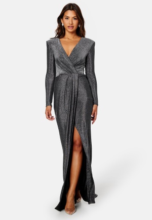 Goddiva Long Sleeve Glitter Maxi Dress Black/Silver M (UK12)