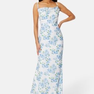 Goddiva Floral Chiffon Cowl Neck Maxi Dress Blue S (UK10)
