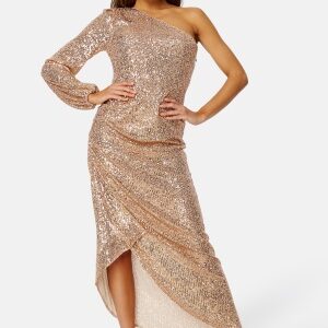 Elle Zeitoune Leon One Shoulder Sequin Dress Rose Gold S (UK10)