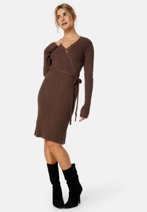 VILA Ril Wrap L/S Knit Dress Shaved Chocolate Det XL
