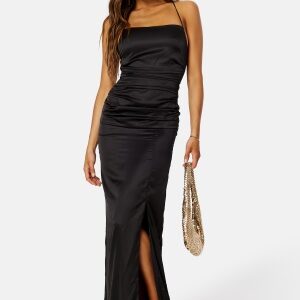 Bubbleroom Occasion Ruched Satin Strap Gown Black 36
