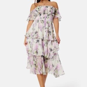 Goddiva Floral Bardot Pleated Midi Dress Multi M (UK12)