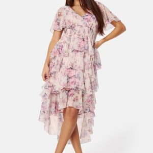 Goddiva Floral Flutter Tiered High Low Dress Pink S (UK10)