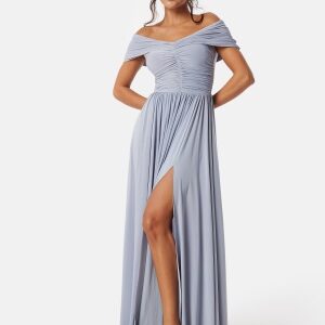Goddiva Bardot Rouched Maxi Split Dress Light Blue XXS (UK6)
