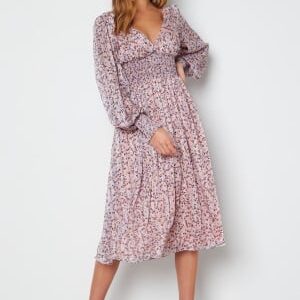 Goddiva Ditsy Long Sleeve Shirred Midi Dress Blush L (UK14)