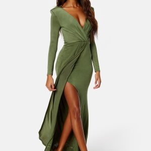 Goddiva Long Sleeve Maxi Dress Olive XXL (UK18)