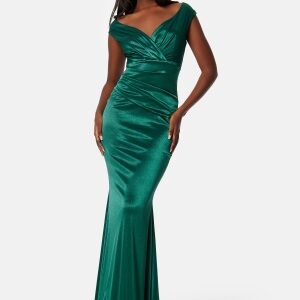 Goddiva Satin Bardot Pleat Maxi Dress Green L (UK14)
